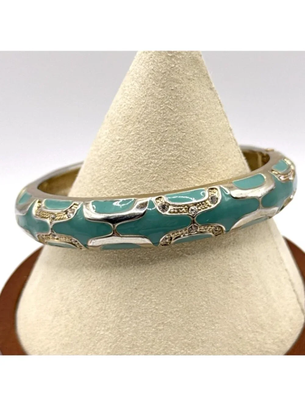 Teal Green Bangle Bracelet Gold Tone Rhinestones Enamel Hinged Clamper 7